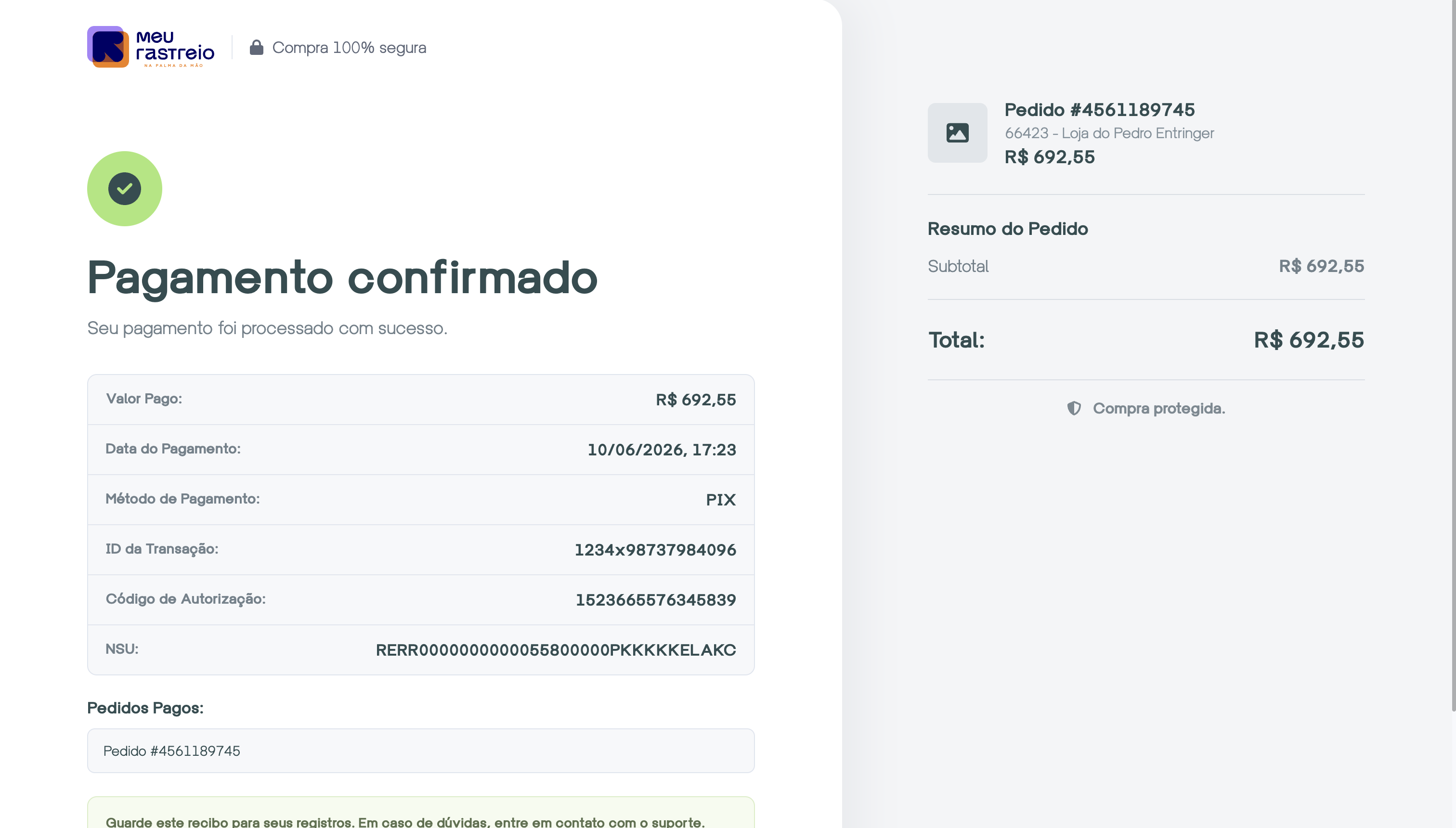Comprovante e histórico por pedido